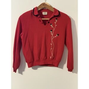VTG Teddi PS Red  Gold Floral Sweater Blk Velvet Trim & Buttons Preppy Classic